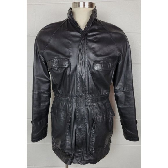 Vtg Florsheim‎ Designer Collection Mens Black Leather Jacket w. Hidden Hood 40